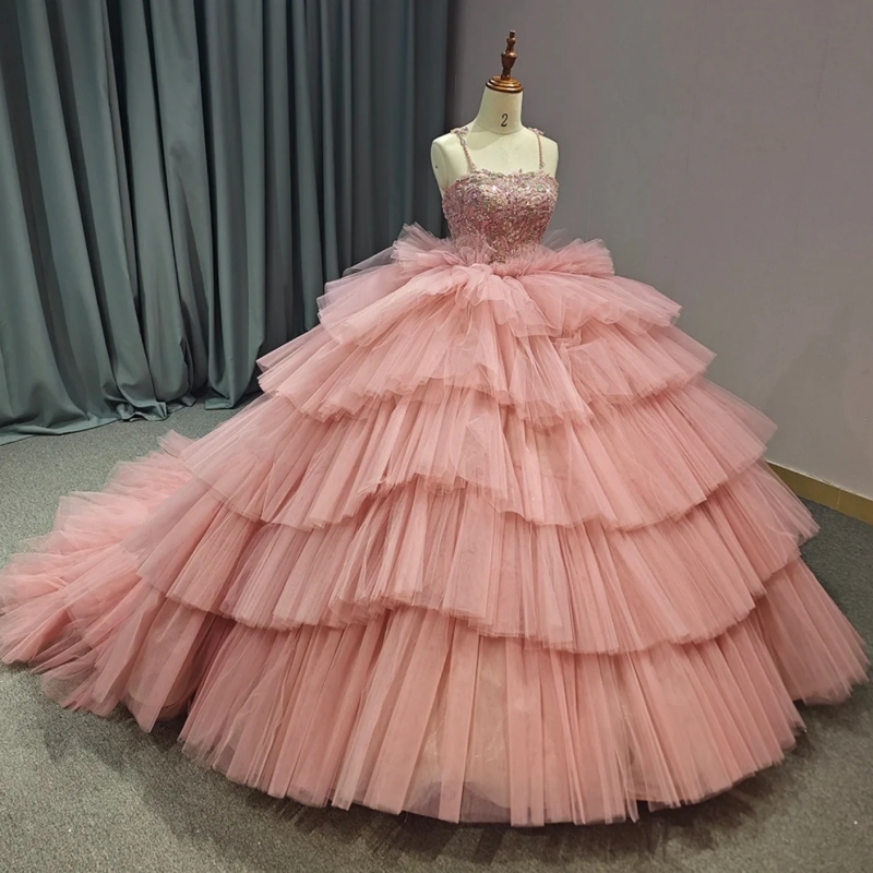 Spaghetti Straps Pink Aline Ball Gown Quinceanera Dresses Tiered Sweet 16 Dress