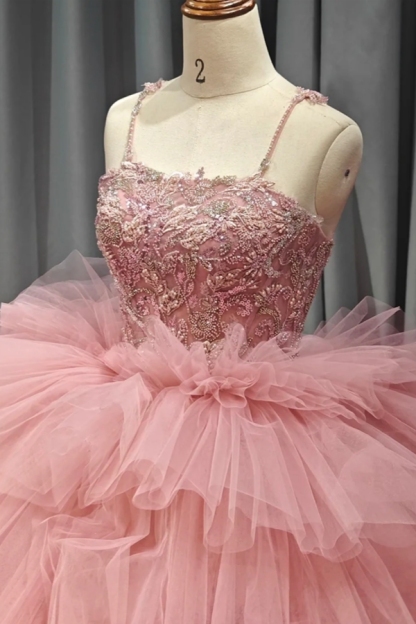 Spaghetti Straps Pink Aline Ball Gown Quinceanera Dresses Tiered Sweet 16 Dress