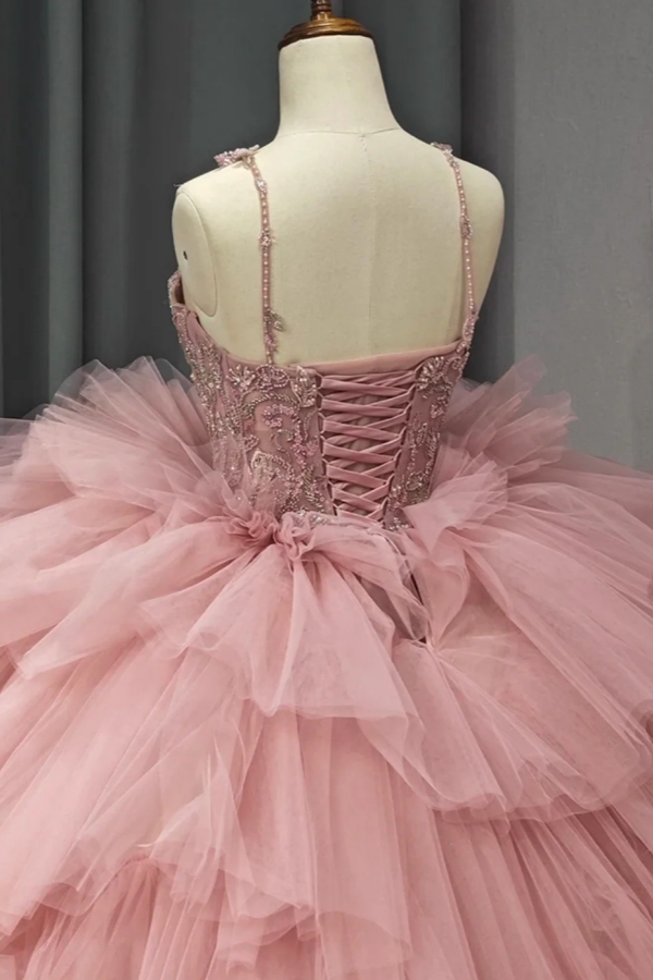 Spaghetti Straps Pink Aline Ball Gown Quinceanera Dresses Tiered Sweet 16 Dress
