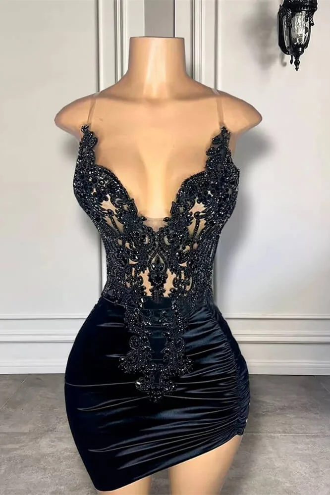 Spaghetti Straps Satin Short Homecoming Dress Beadings with Appliques Black