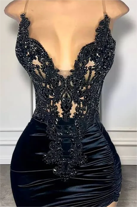 Spaghetti Straps Satin Short Homecoming Dress Beadings with Appliques Black