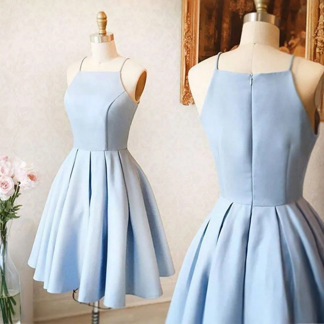 Spaghetti Straps Sky Blue Mini Dress Simple Homecoming Dress