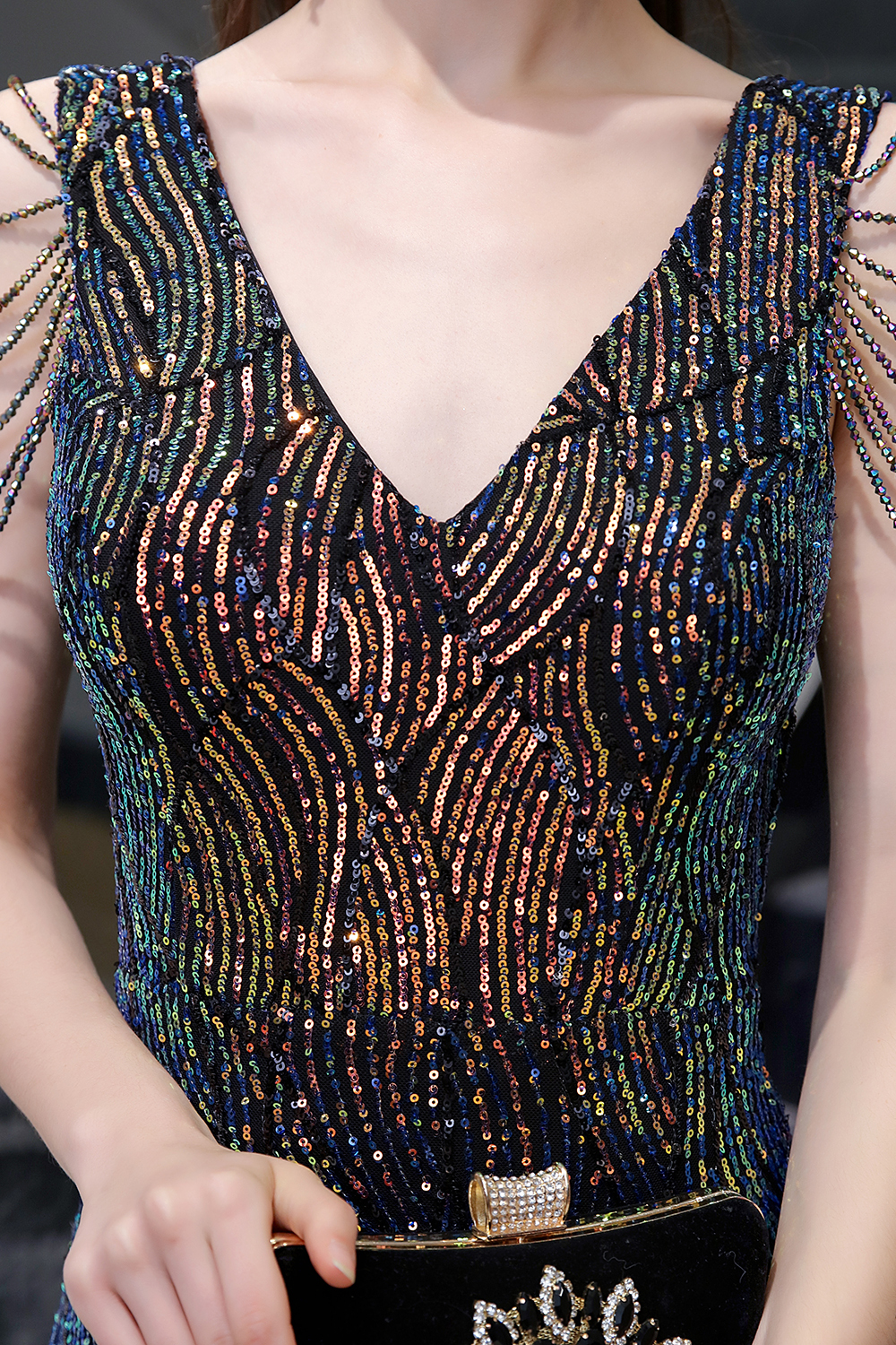 Sparkle V-neck High split Sleeveless Black Evening Dress Online