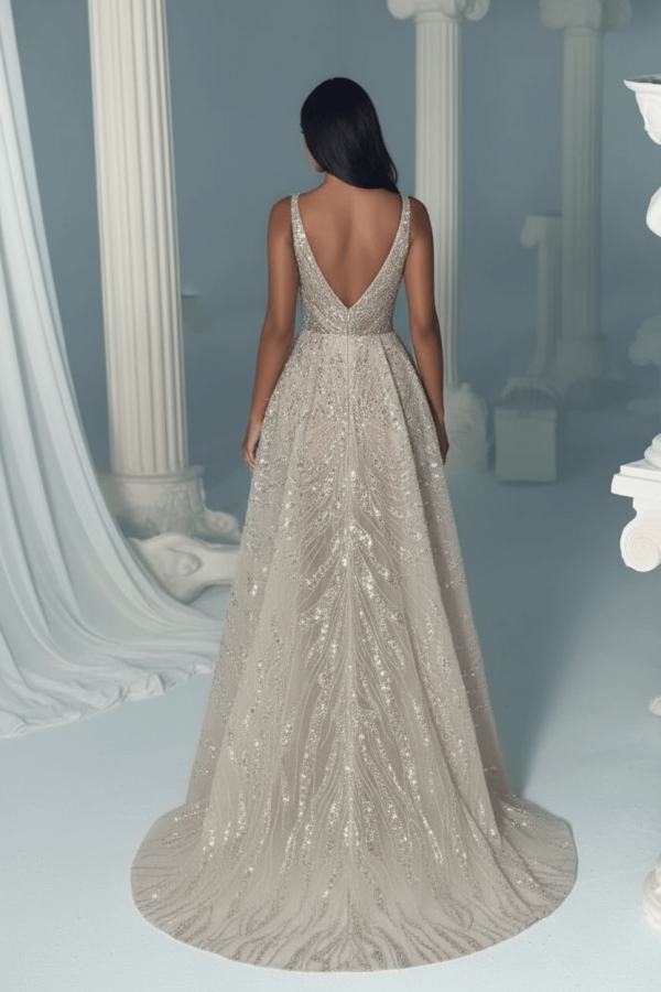 Sparkle V-neck Sleeveless Sequin Prom Dresses Mermaid Long with Beadings