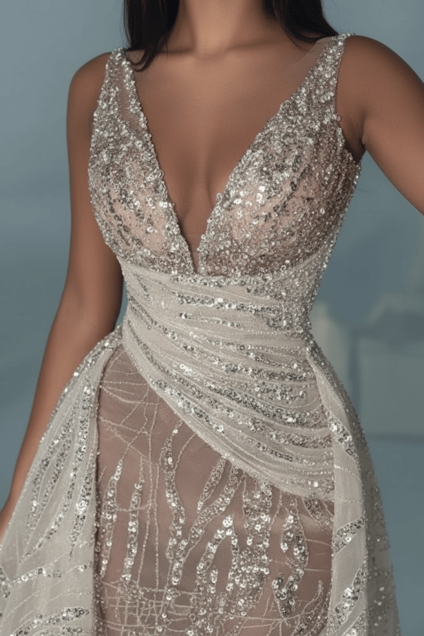 Sparkle V-neck Sleeveless Sequin Prom Dresses Mermaid Long with Beadings