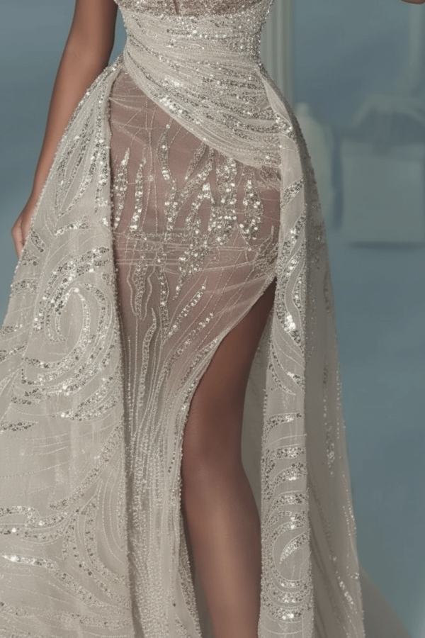 Sparkle V-neck Sleeveless Sequin Prom Dresses Mermaid Long with Beadings