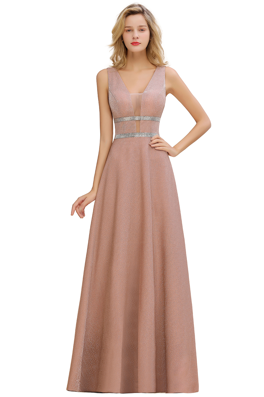 Sparkly Deep V-neck Long Evening Dresses with Shining Belt | Elegant Sleeveless V-back Pink Formal Dress