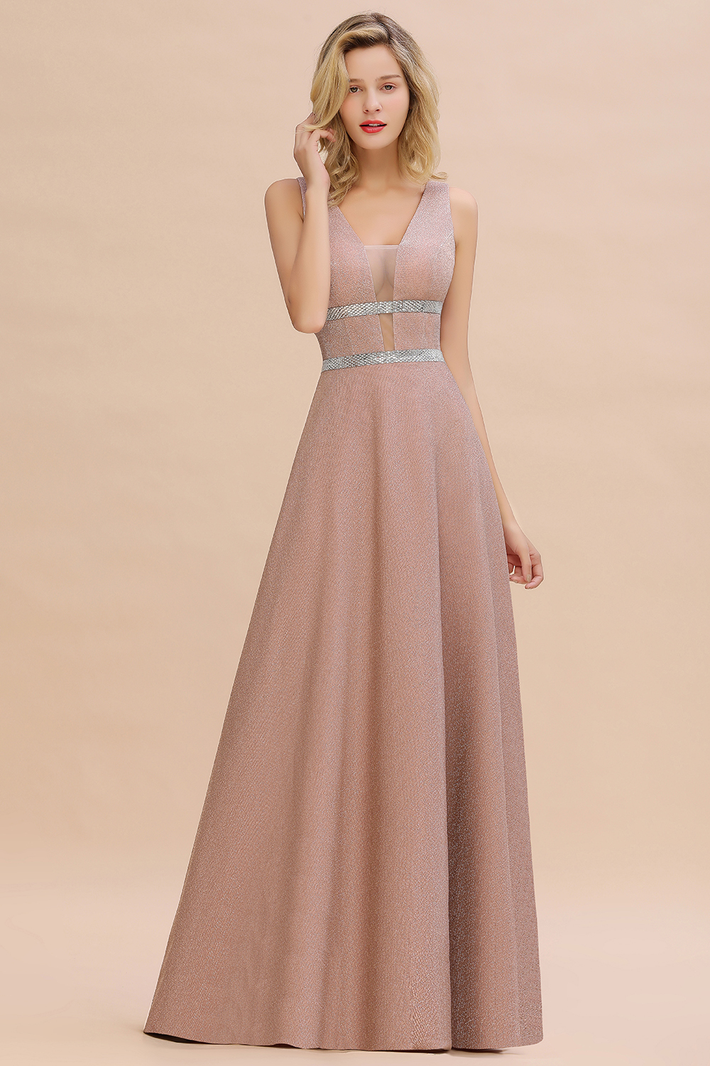 Sparkly Deep V-neck Long Evening Dresses with Shining Belt | Elegant Sleeveless V-back Pink Formal Dress