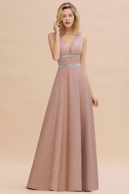 Sparkly Deep V-neck Long Evening Dresses with Shining Belt | Elegant Sleeveless V-back Pink Formal Dress