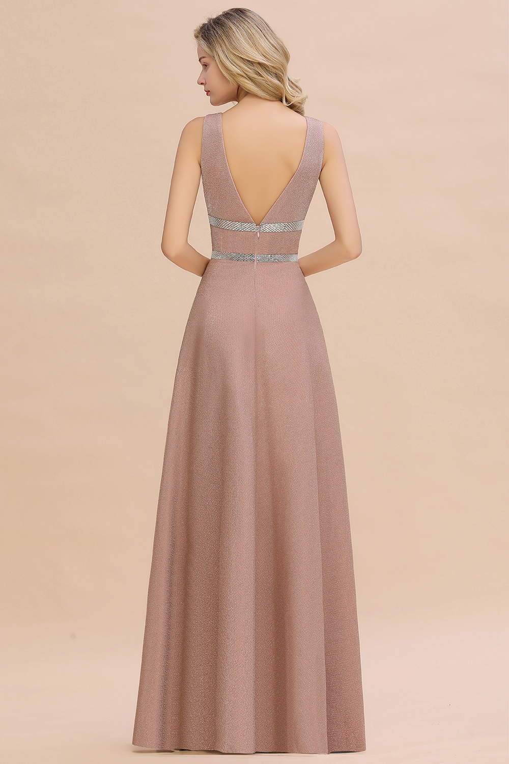 Sparkly Deep V-neck Long Evening Dresses with Shining Belt | Elegant Sleeveless V-back Pink Formal Dress