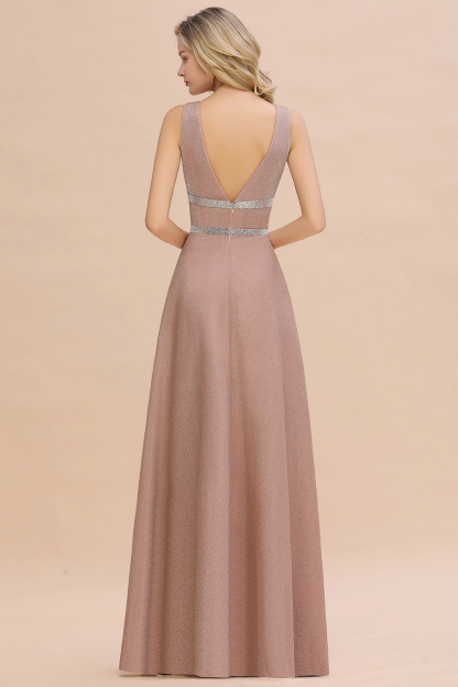 Sparkly Deep V-neck Long Evening Dresses with Shining Belt | Elegant Sleeveless V-back Pink Formal Dress