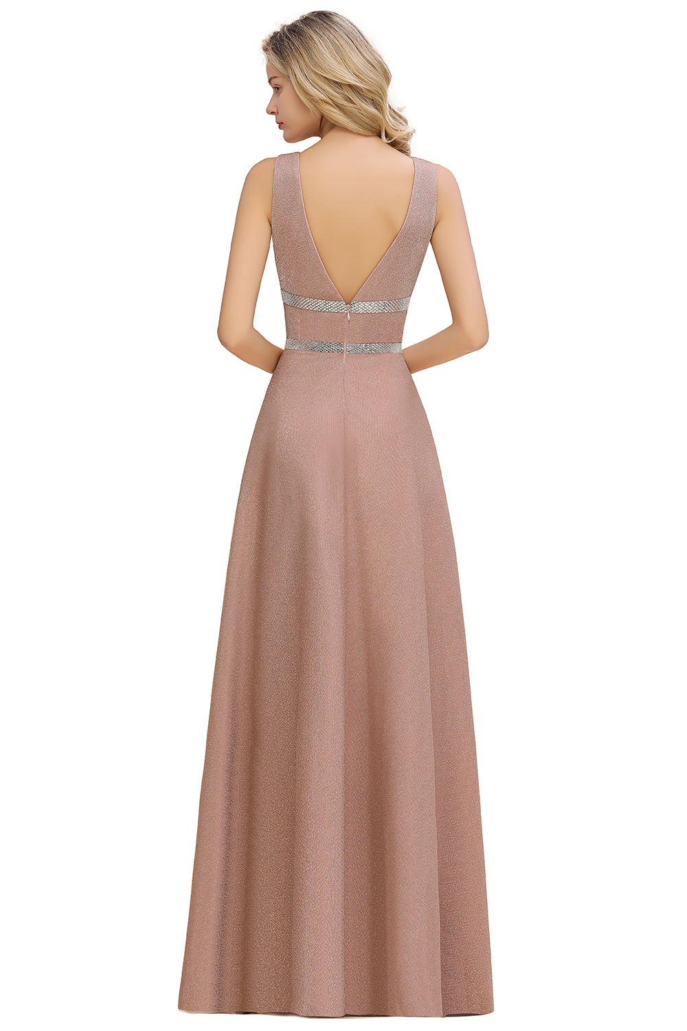 Sparkly Deep V-neck Long Evening Dresses with Shining Belt | Elegant Sleeveless V-back Pink Formal Dress