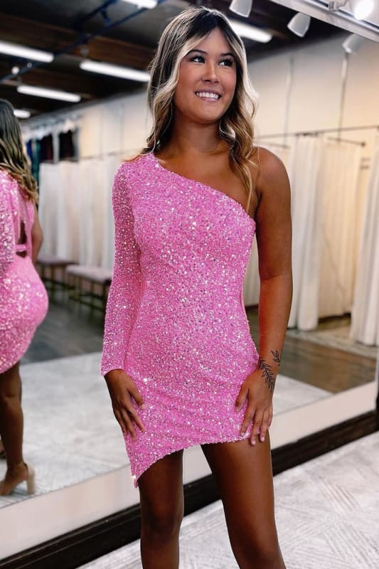 hot pink sparkly homecoming dress One Shoulder Tight Dress-Babyonlinewholesale attribute:pattern:print with animals