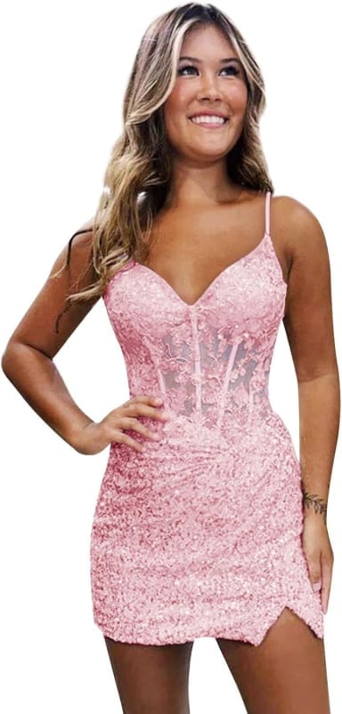 Sparkly Sequin Short Homecoming Dresses V Neck Applique Prom Dress