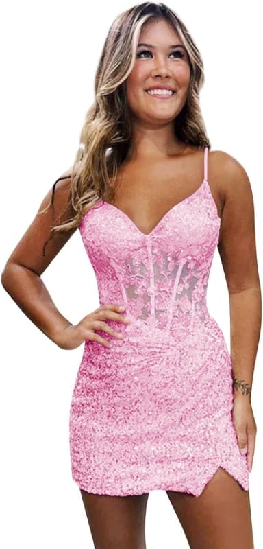 Sparkly Sequin Short Homecoming Dresses V Neck Applique Prom Dress