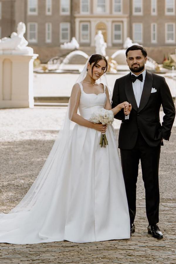 Square neck Straps High neck White Court Train Wedding Dresses