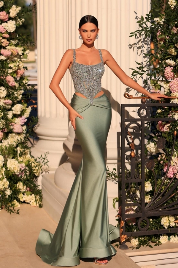 Spaghetti Staps Sage Green Satin Lace Floor length Prom Dresses with Beadings