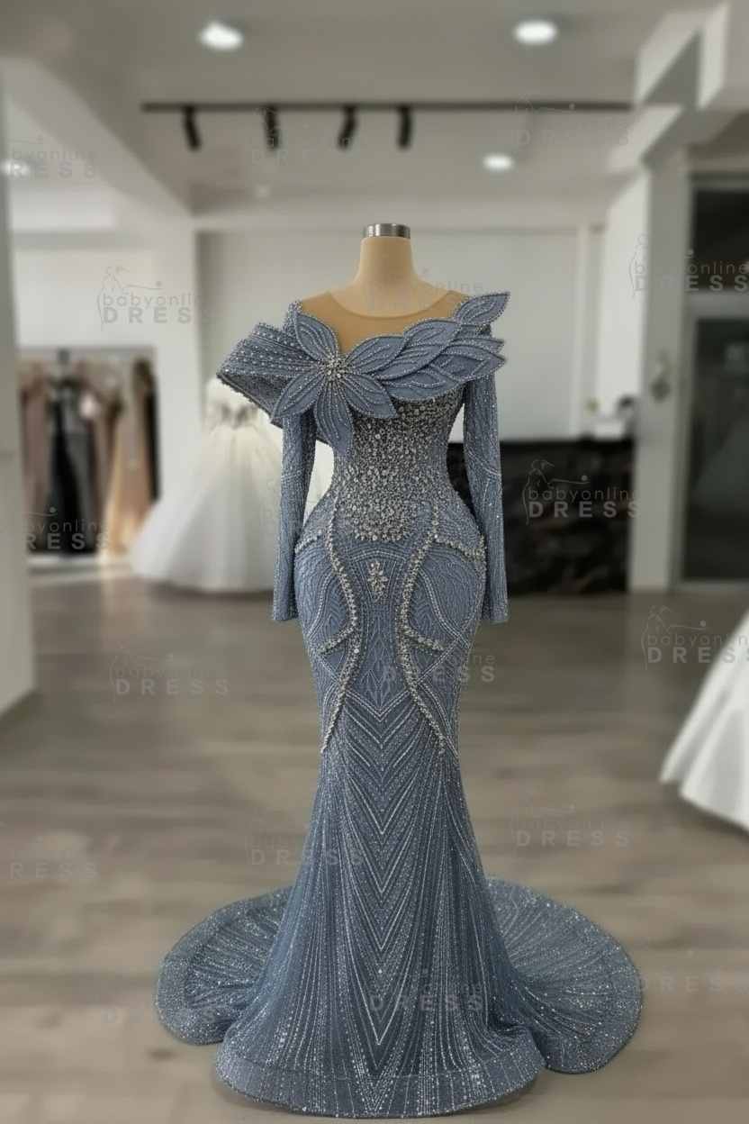 Luxury Crystals Long Sleeves Floor-Length Mermaid Prom Dress with Flowers 