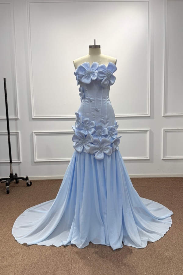 Light Blue Satin Bodycon Prom Dress with 3D Floral Appliques
