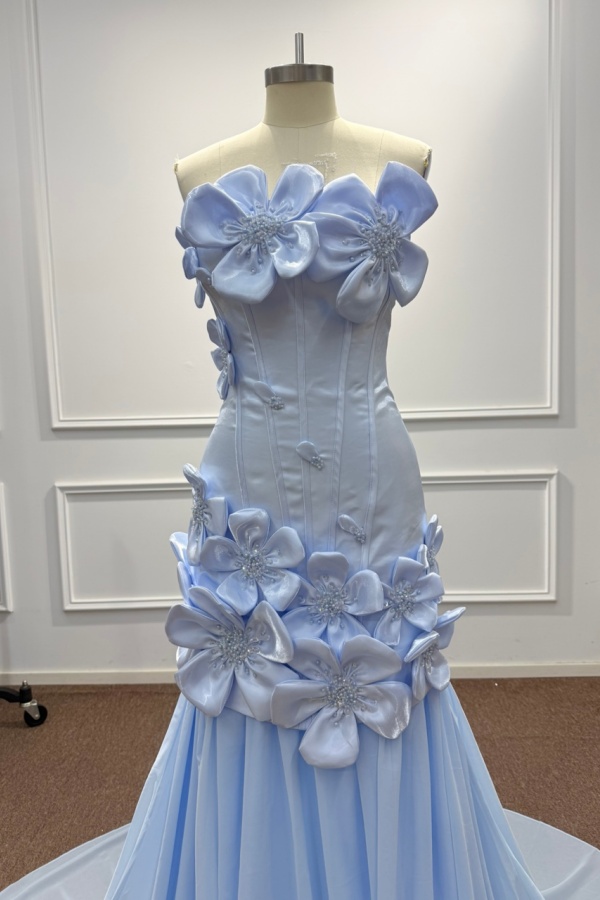 Light Blue Satin Bodycon Prom Dress with 3D Floral Appliques