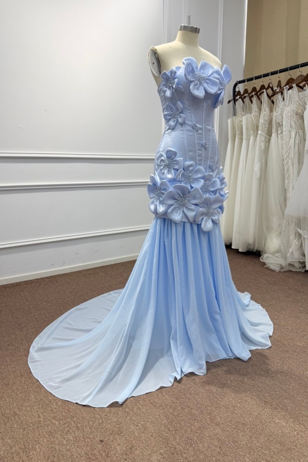 Light Blue Satin Bodycon Prom Dress with 3D Floral Appliques