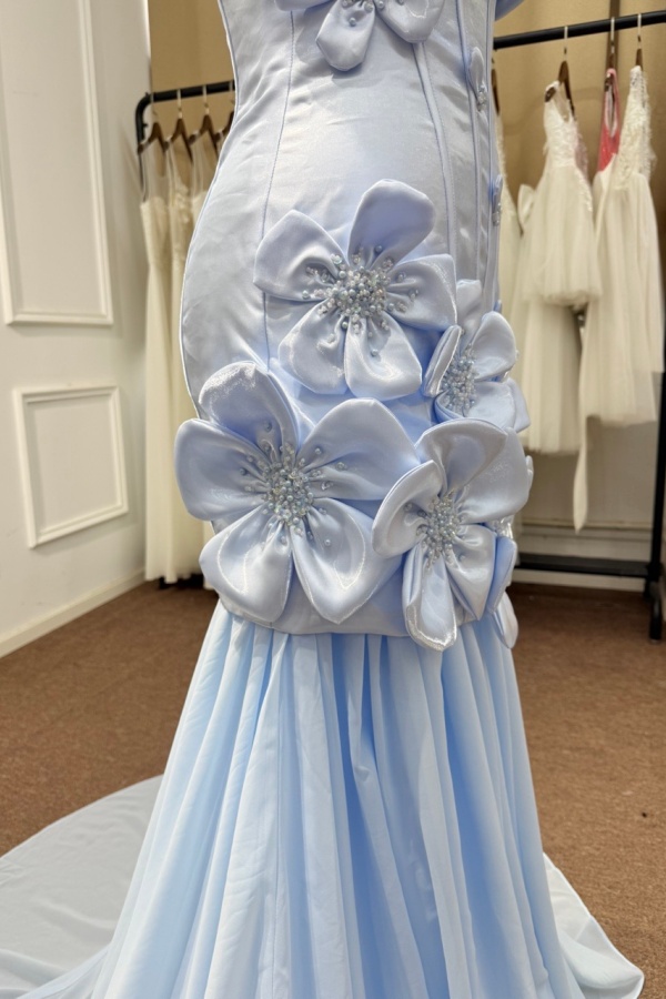 Light Blue Satin Bodycon Prom Dress with 3D Floral Appliques