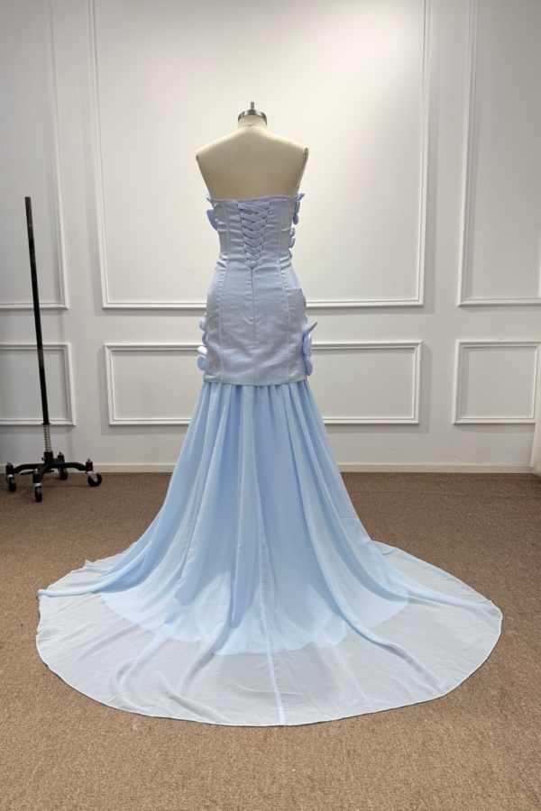 Light Blue Satin Bodycon Prom Dress with 3D Floral Appliques