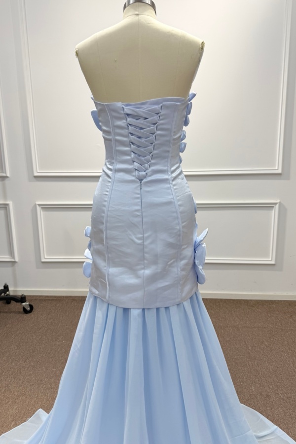 Light Blue Satin Bodycon Prom Dress with 3D Floral Appliques