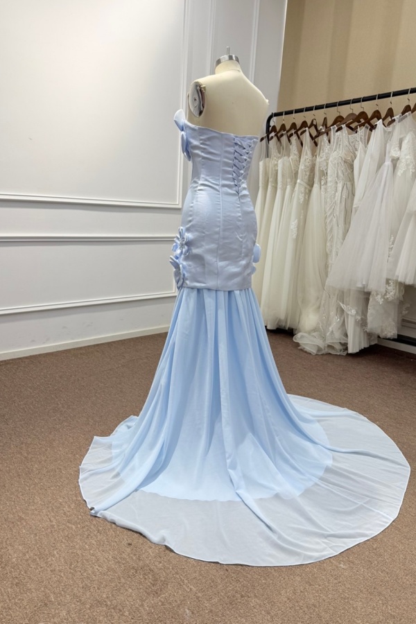 Light Blue Satin Bodycon Prom Dress with 3D Floral Appliques