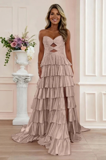 Strapless ALine Prom Dress with Front Split Sequined Evening Dress Long