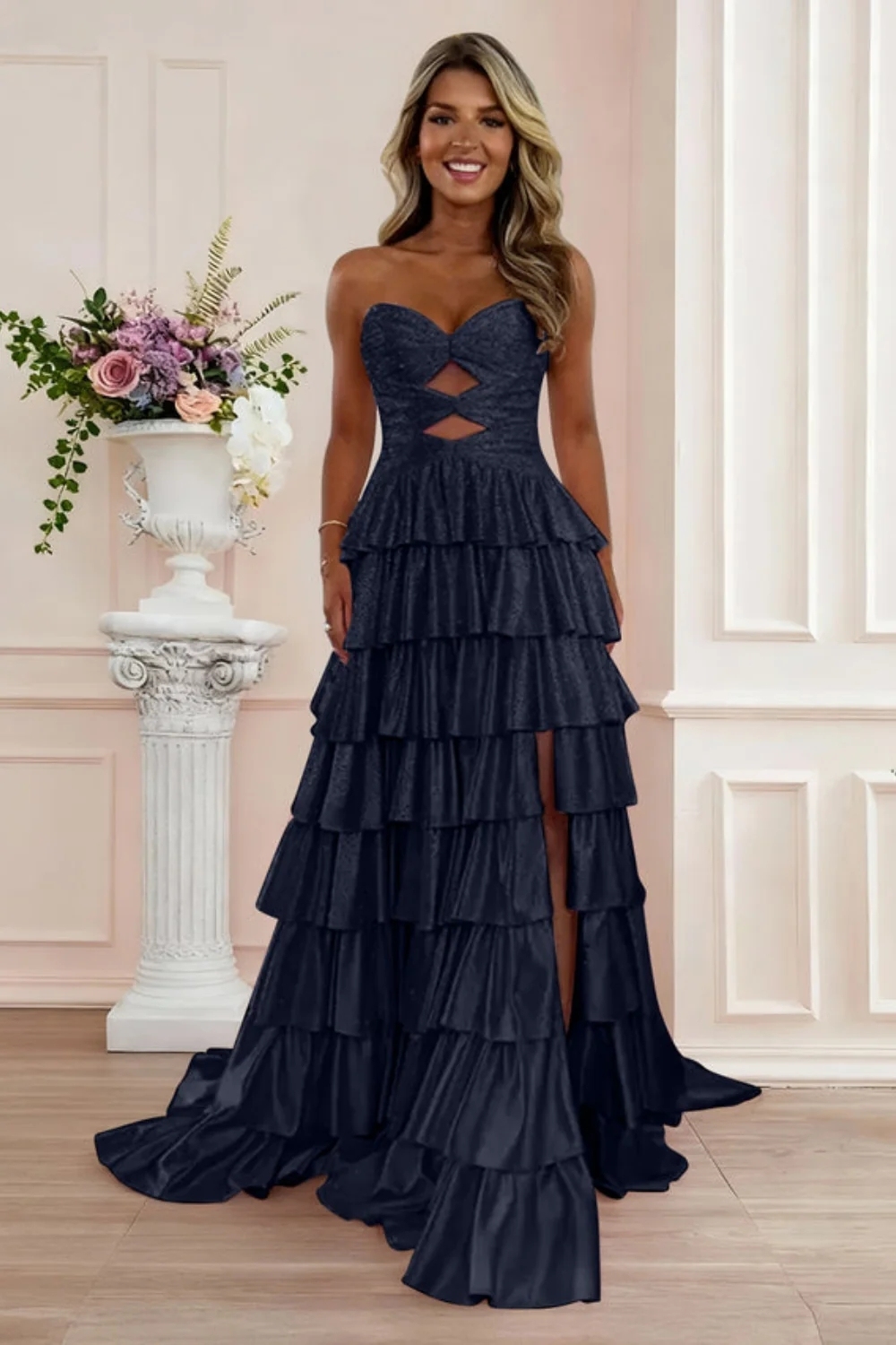 Strapless ALine Prom Dress with Front Split Sequined Evening Dress Long