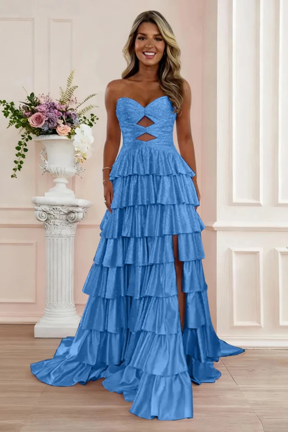 Strapless ALine Prom Dress with Front Split Sequined Evening Dress Long