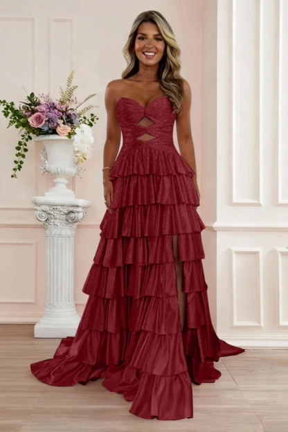 Strapless ALine Prom Dress with Front Split Sequined Evening Dress Long