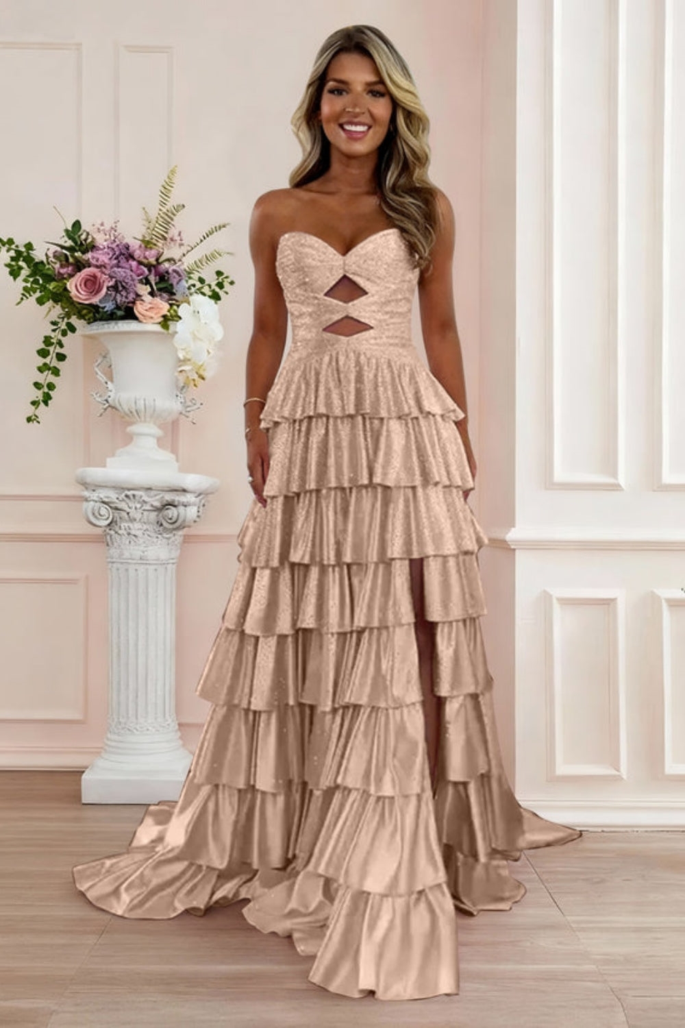 Strapless ALine Prom Dress with Front Split Sequined Evening Dress Long