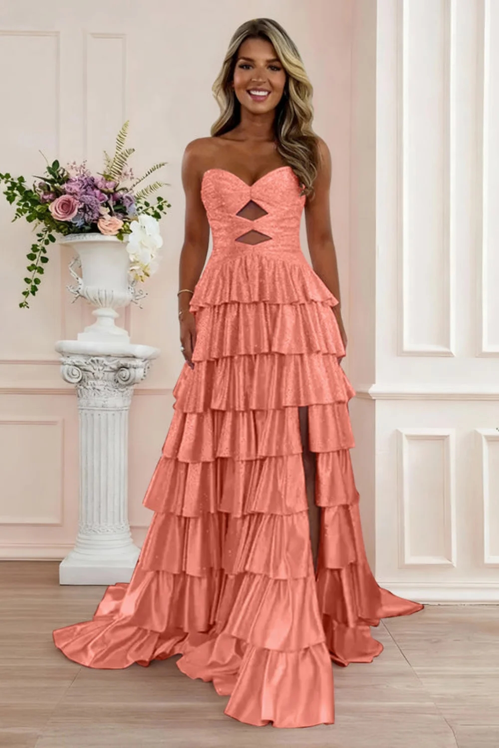 Strapless ALine Prom Dress with Front Split Sequined Evening Dress Long