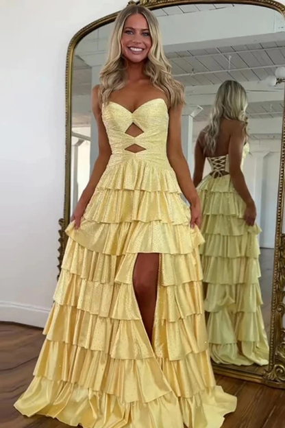 Strapless ALine Prom Dress with Front Split Sequined Evening Dress Long