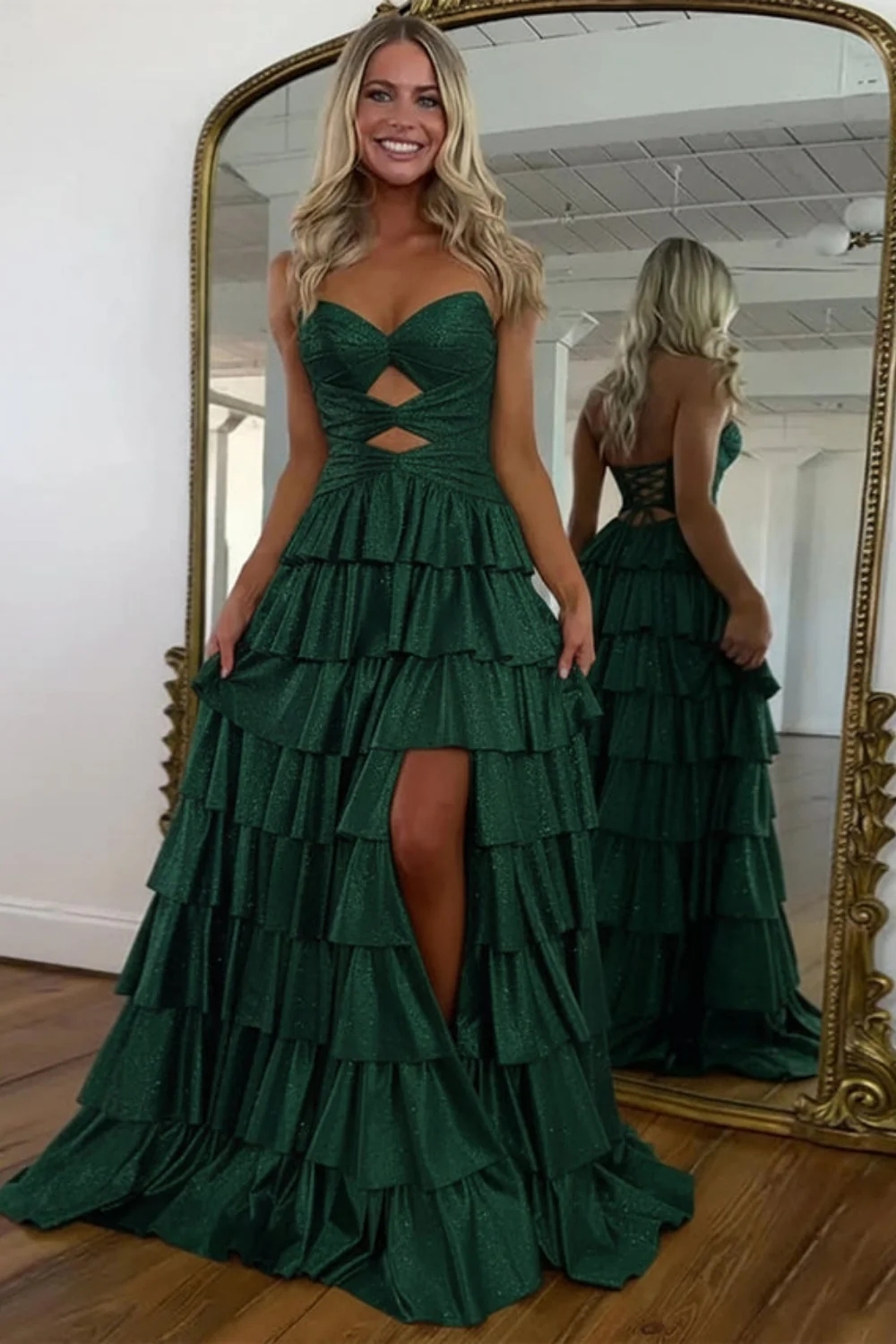 Strapless ALine Prom Dress with Front Split Sequined Evening Dress Long