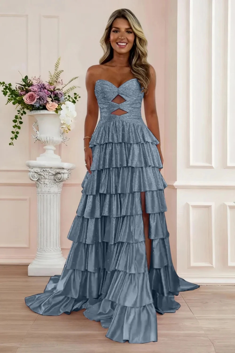 Strapless ALine Prom Dress with Front Split Sequined Evening Dress Long