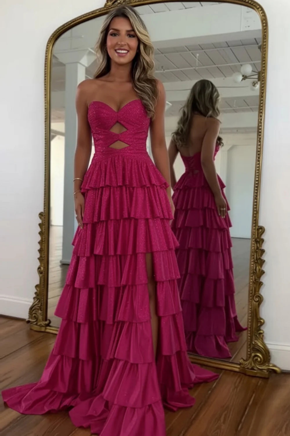 Strapless ALine Prom Dress with Front Split Sequined Evening Dress Long