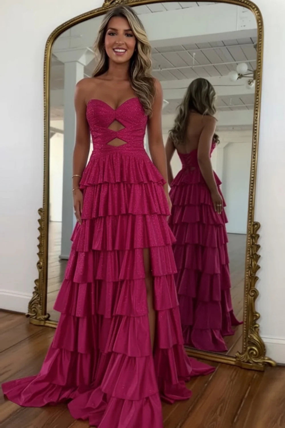 Strapless ALine Prom Dress with Front Split Sequined Evening Dress Long