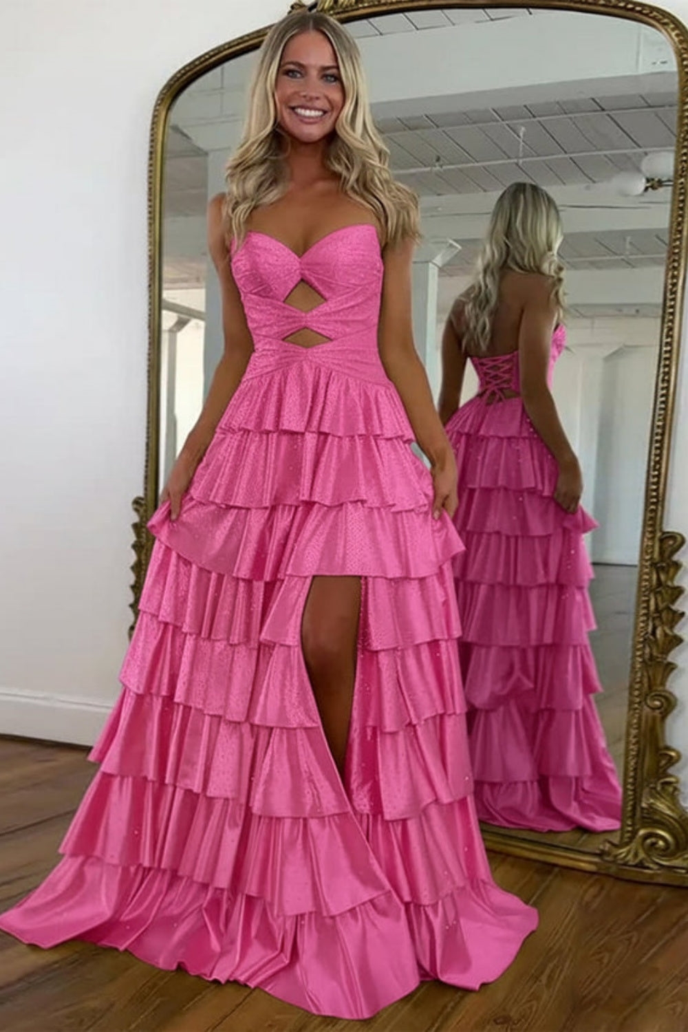 Strapless ALine Prom Dress with Front Split Sequined Evening Dress Long