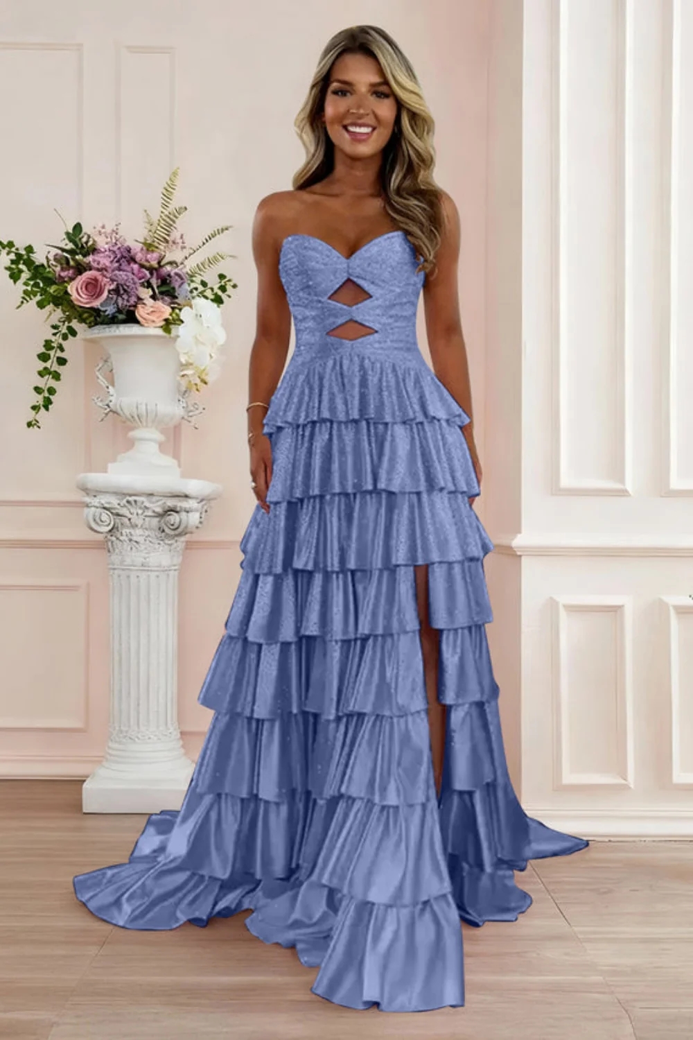 Strapless ALine Prom Dress with Front Split Sequined Evening Dress Long