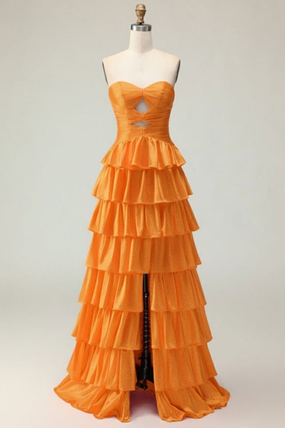 Strapless ALine Prom Dress with Front Split Sequined Evening Dress Long