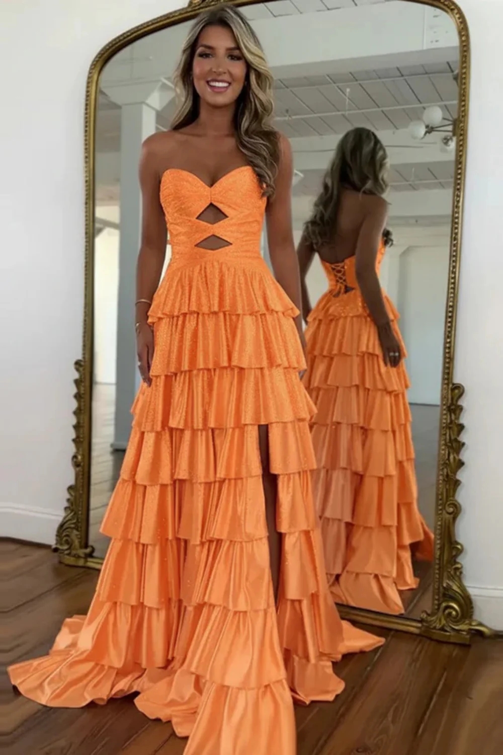 Strapless ALine Prom Dress with Front Split Sequined Evening Dress Long