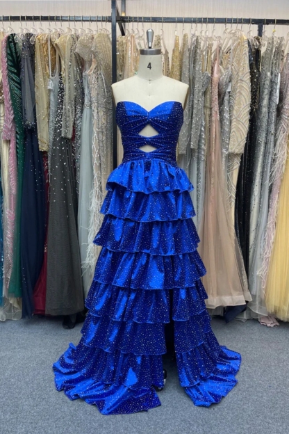 Strapless ALine Prom Dress with Front Split Sequined Evening Dress Long