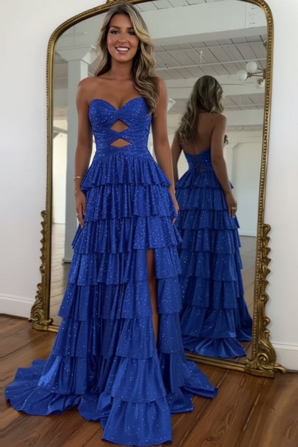 Strapless ALine Prom Dress with Front Split Sequined Evening Dress Long