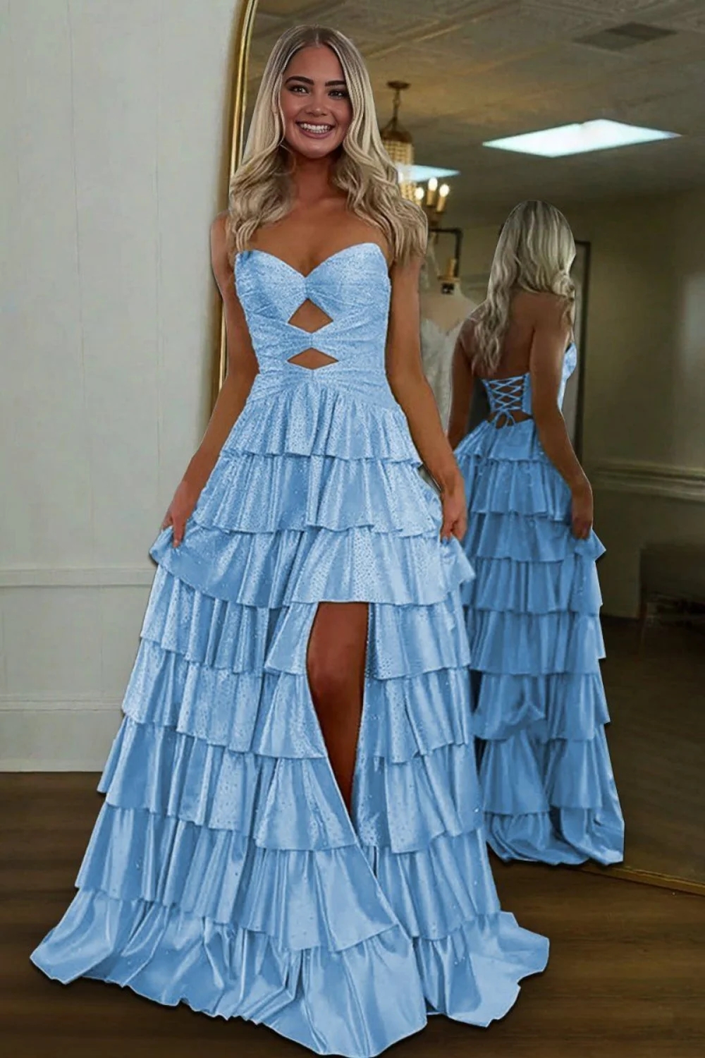 Strapless ALine Prom Dress with Front Split Sequined Evening Dress Long