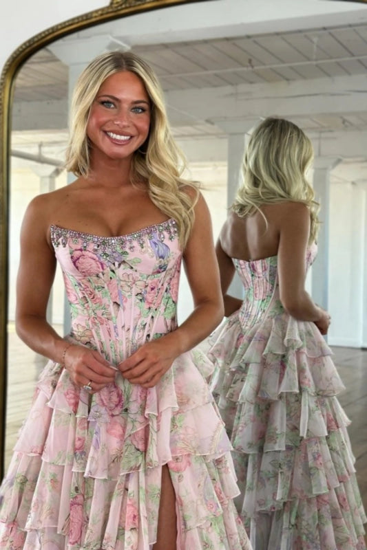Strapless Floral Tulle Aline Evening Dress Front Split Corset Prom Dress - Prom Dresses