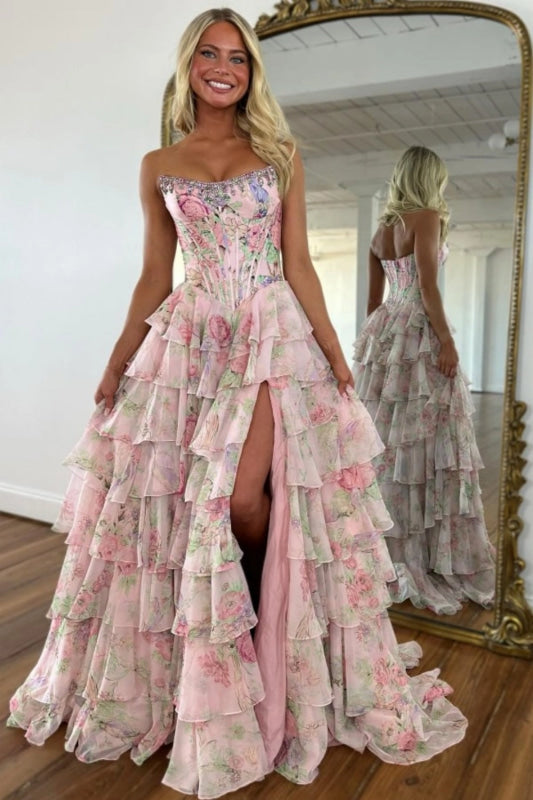 Strapless Floral Tulle Aline Evening Dress Front Split Corset Prom Dress - Prom Dresses