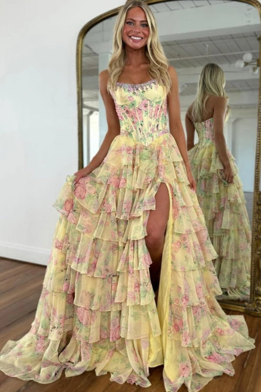 Strapless Floral Tulle Aline Evening Dress Front Split Corset Prom Dress - Prom Dresses